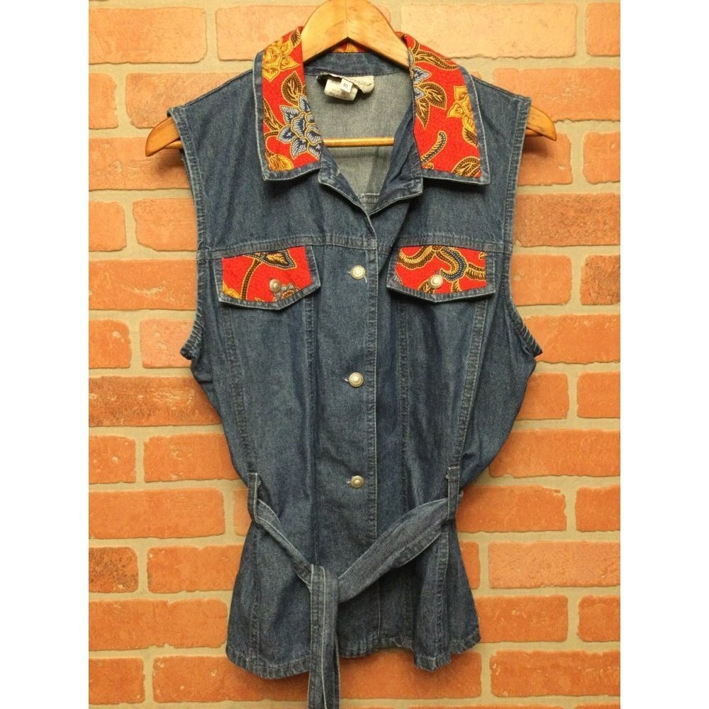 Vintage Stonebridge Denim Button Down Floral Belted Top Size 10 Western